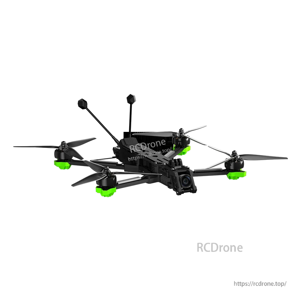 iFlight Nazgul Evoque F7 O4 6S HD FPV, iFlight Nazgul Evoque FPV quadcopter with front HD camera, black frame, green motor guards and dual antennas