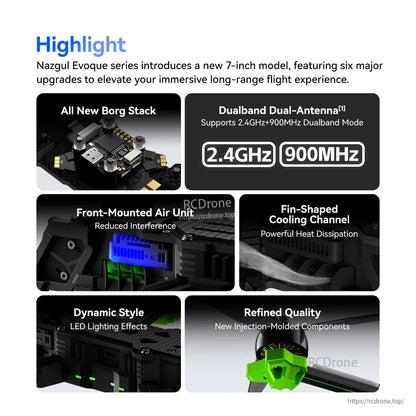 iFlight Nazgul Evoque F7 O4 6S HD FPV, iFlight Nazgul Evoque 7-inch FPV drone highlights showing Borg stack, dualband 2.4GHz/900MHz, and LED lighting