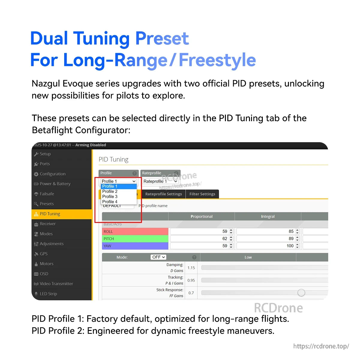 iFlight Nazgul Evoque F7 O4 6S HD FPV, Betaflight Configurator PID Tuning screen showing Nazgul Evoque dual tuning presets for long-range and freestyle