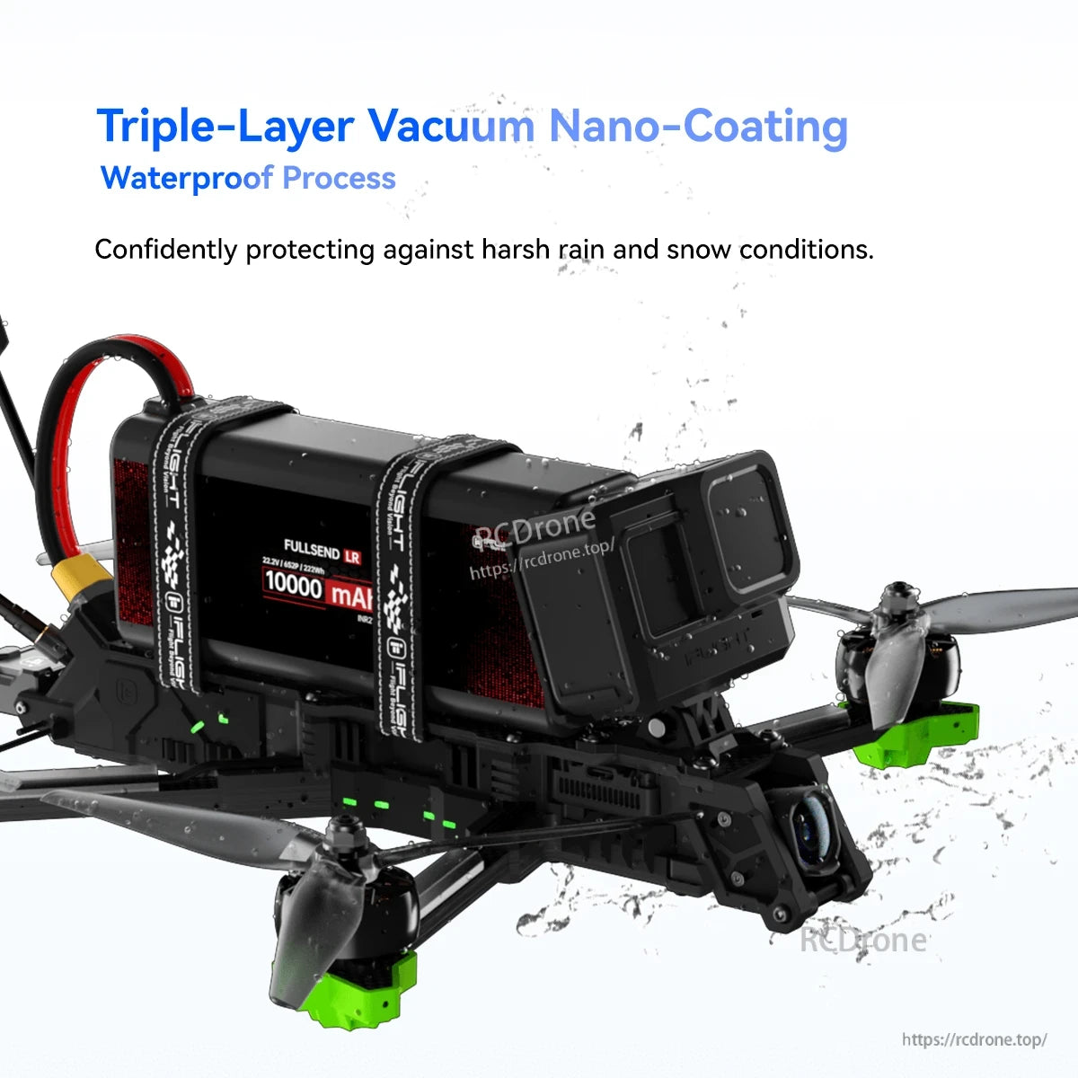 iFlight Nazgul Evoque F7 O4 6S HD FPV, iFlight Nazgul Evoque HD FPV quadcopter with action camera mount and strapped battery, water-resistant nano-coating
