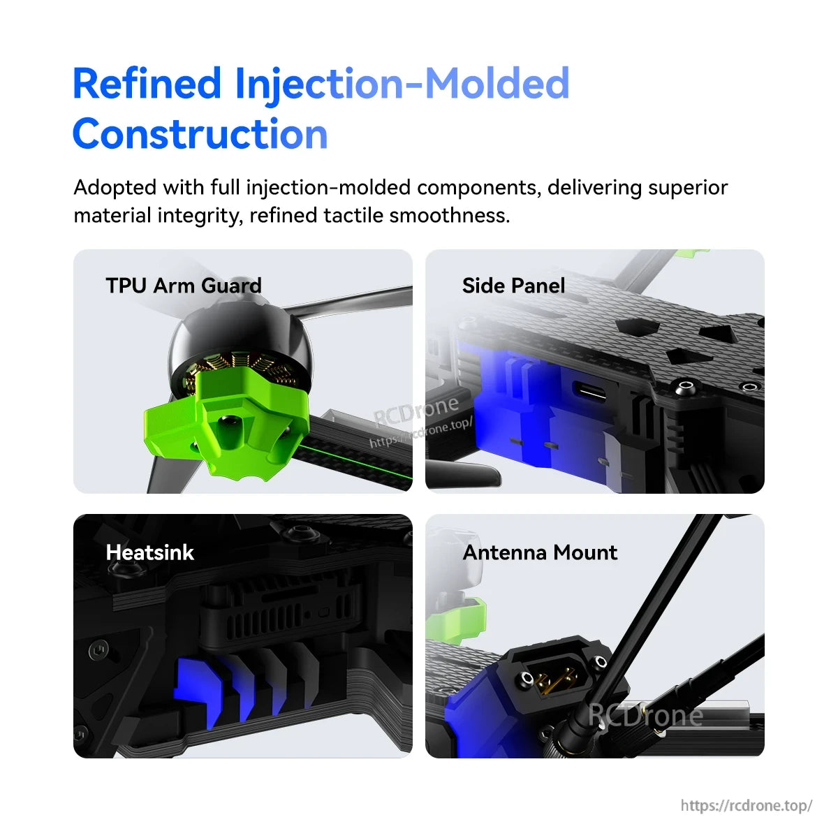 iFlight Nazgul Evoque F7 O4 6S HD FPV, iFlight Nazgul Evoque FPV drone details showing TPU arm guard, side panel, heatsink, and antenna mount