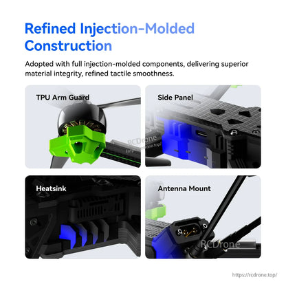 iFlight Nazgul Evoque F7 O4 6S HD FPV, iFlight Nazgul Evoque FPV drone details showing TPU arm guard, side panel, heatsink, and antenna mount