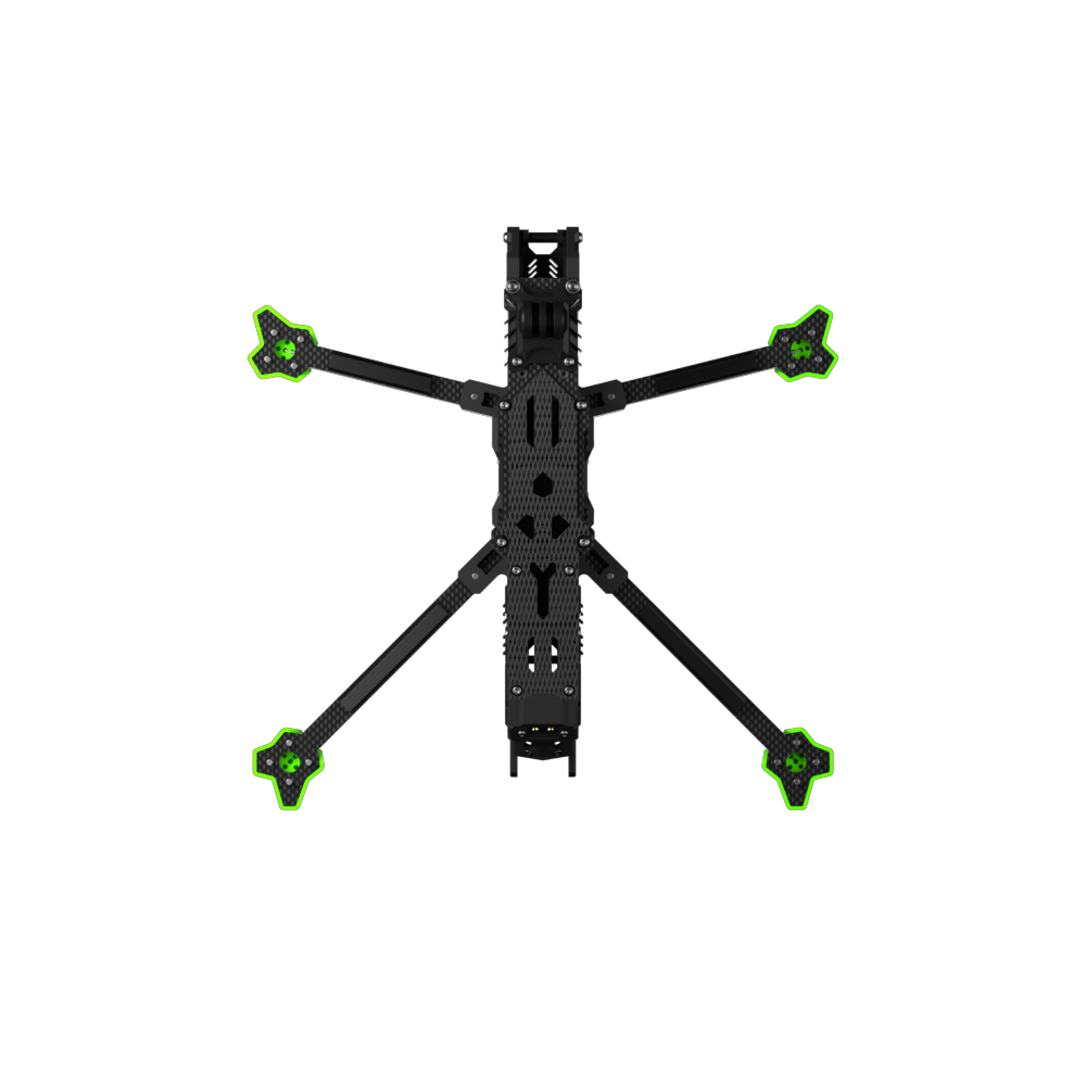Top-down view of iFlight Nazgul Evoque carbon fiber FPV drone frame kit with deadcat arm layout and green motor pads