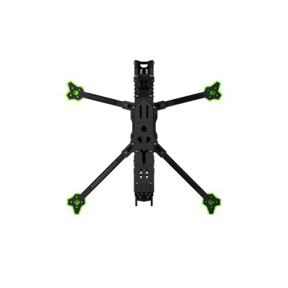 Top-down view of iFlight Nazgul Evoque carbon fiber FPV drone frame kit with deadcat arm layout and green motor pads