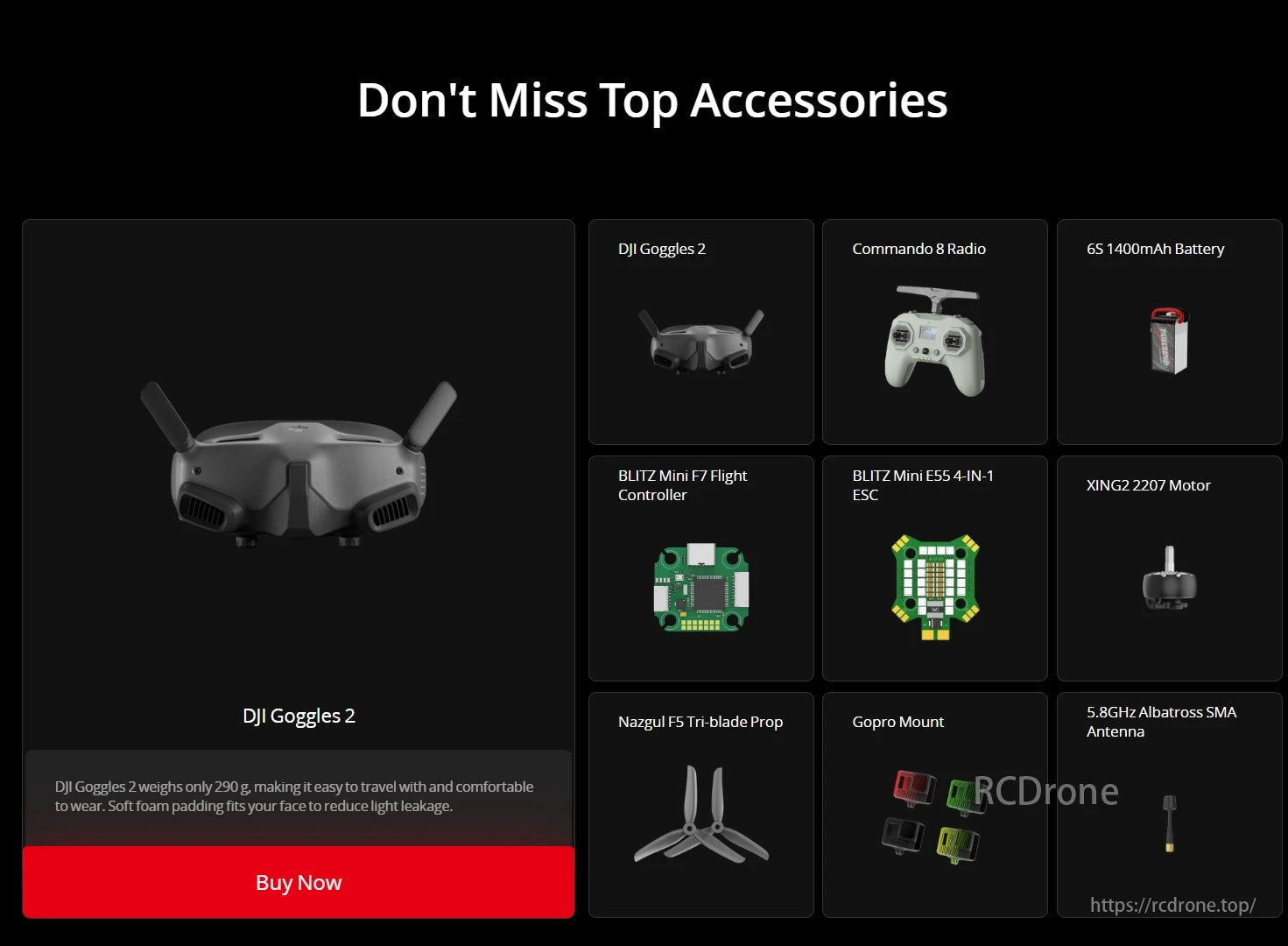 iFlight Nazgul F6 V2 FPV Drone, DJI Goggles 2 is lightweight and comfortable, with foam padding to reduce light leakage. Explore accessories like Commando 8 Radio and BLITZ Mini F7 Flight Controller, all with images for easy purchase.