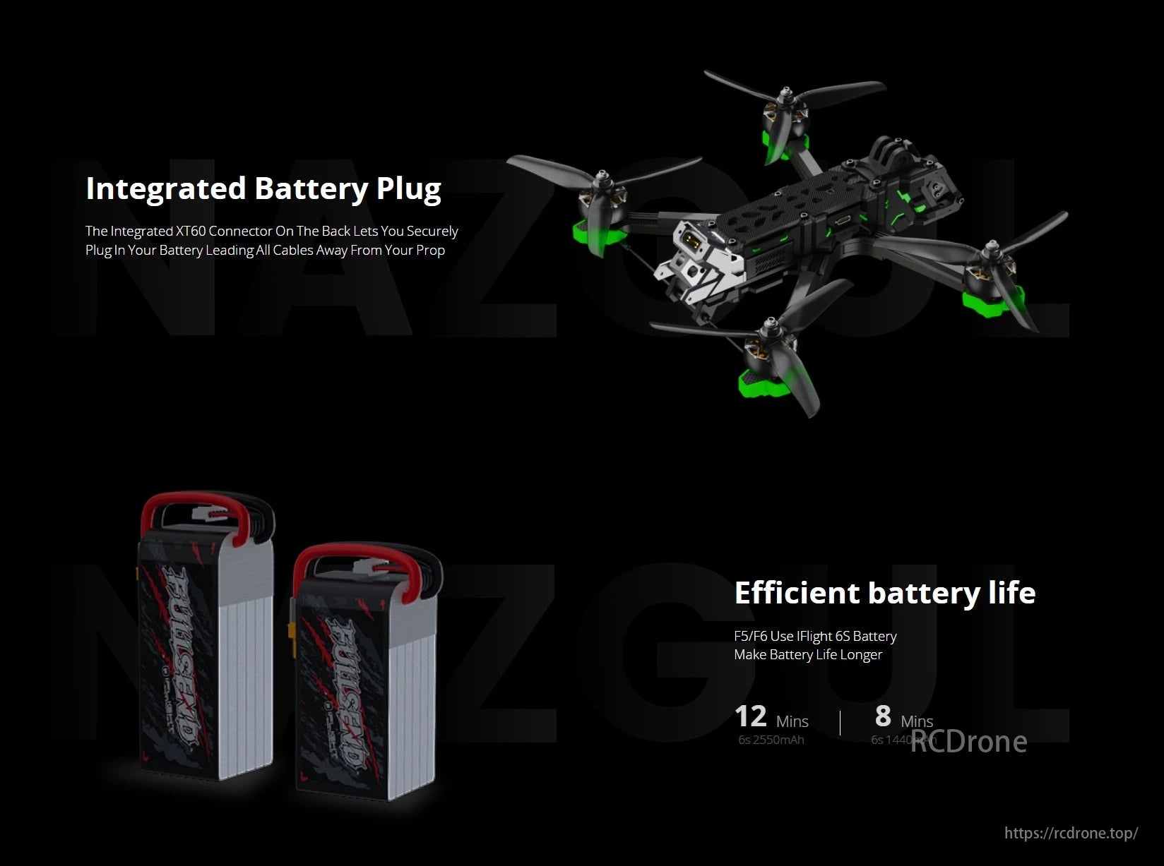 iFlight Nazgul F6 V2 FPV Drone, XT60 connector for secure battery integration, efficient battery life: F5/F6 use iFlight 6S for longer flight times.