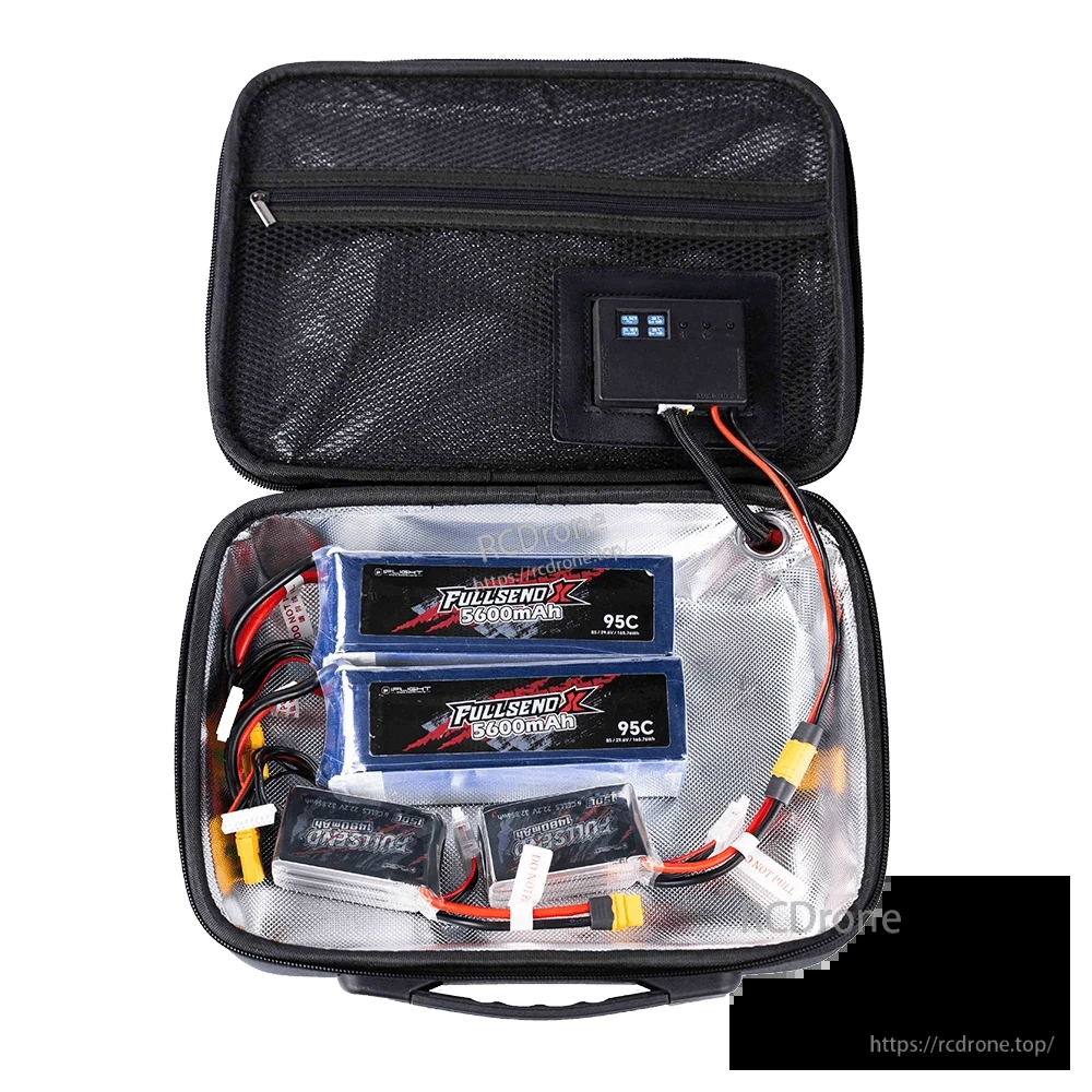 Open portable heated battery case with LCD control panel and multiple LiPo batteries stored inside a zippered pouch