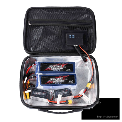 Open portable heated battery case with LCD control panel and multiple LiPo batteries stored inside a zippered pouch