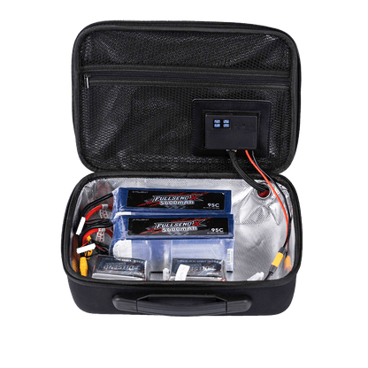 Open iFlight portable heated battery case with reflective lining, control panel, and LiPo batteries inside