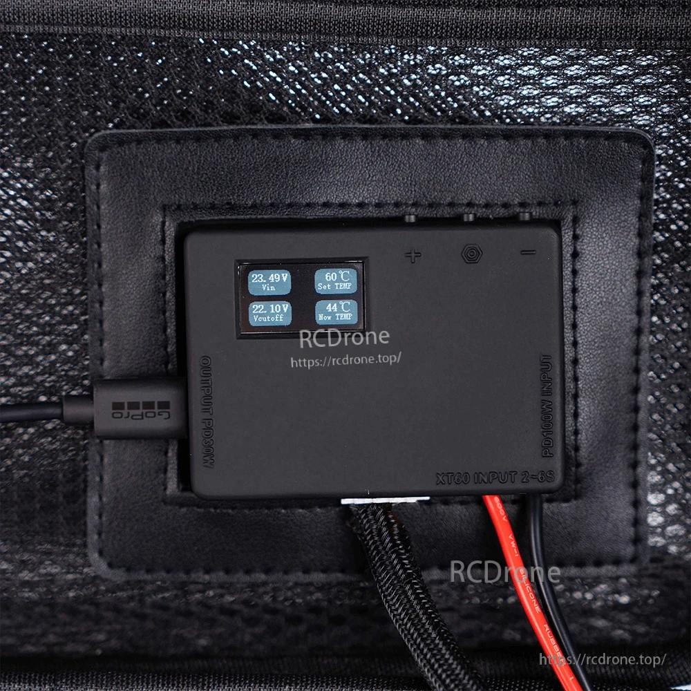 Control panel of iFlight portable heated battery case with screen, USB-C PD output, PD100W input, and XT60 2–6S input