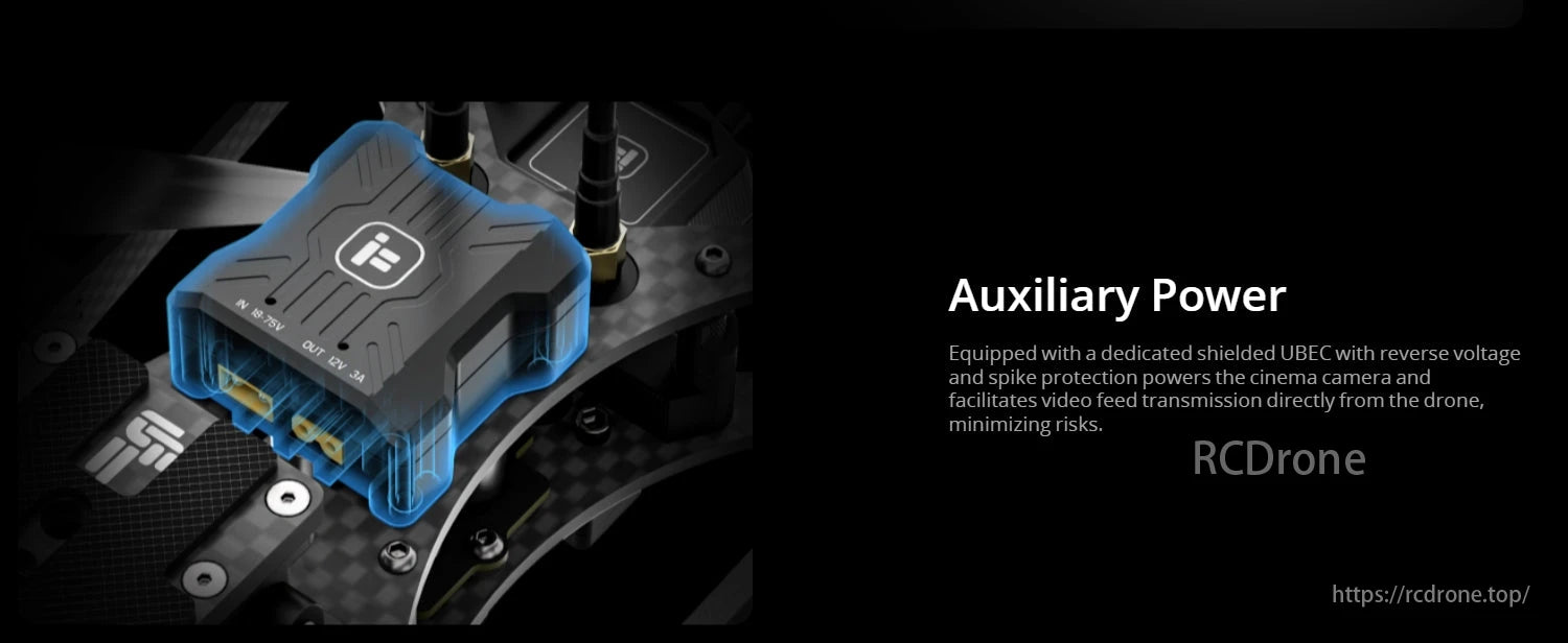 iFlight Proxima 6S HD Cinelifter 6-Inch FPV, Shielded UBEC provides auxiliary power with protection, powering camera for video feed transmission.