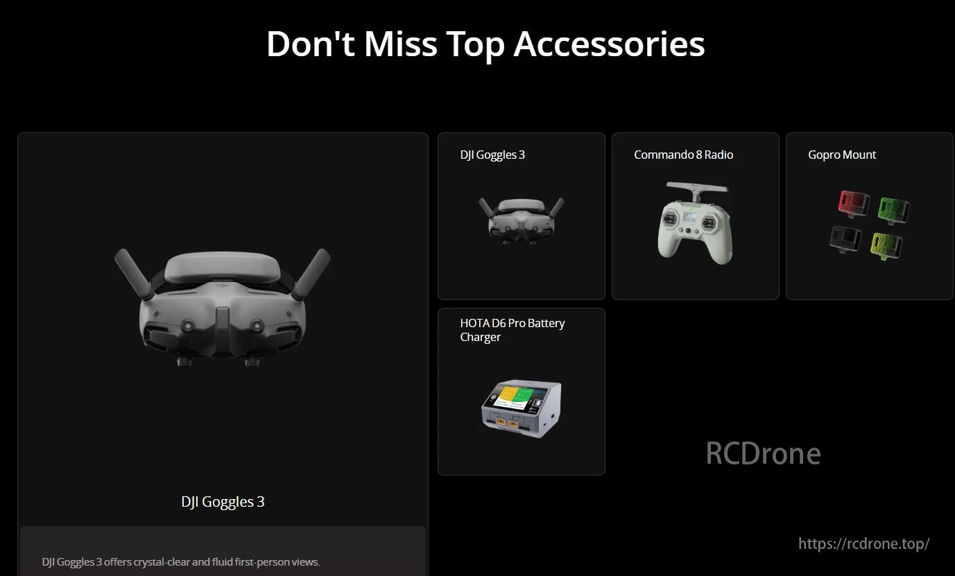 iFlight SH CineFlow 5 6S WTFPV, Top accessories for drones include DJI Goggles 3, Commando 8 Radio, GoPro Mount, and HOTA D6 Pro Charger, offering clear views and enhanced control.