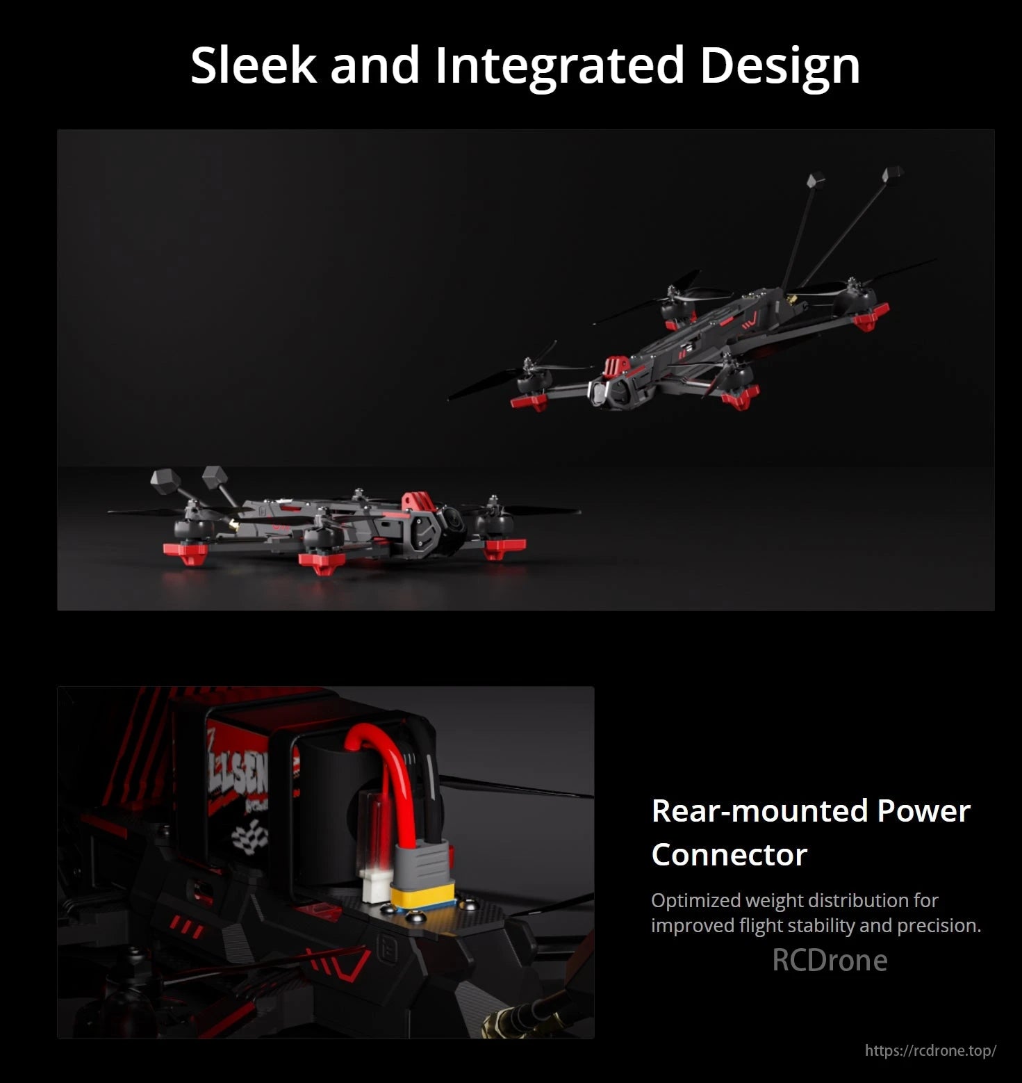 iFlight SH CineFlow 5 6S WTFPV, Rear-mounted power connector in iFlight SH CineFlow 5 6S drone enhances weight distribution for better flight stability and precision.