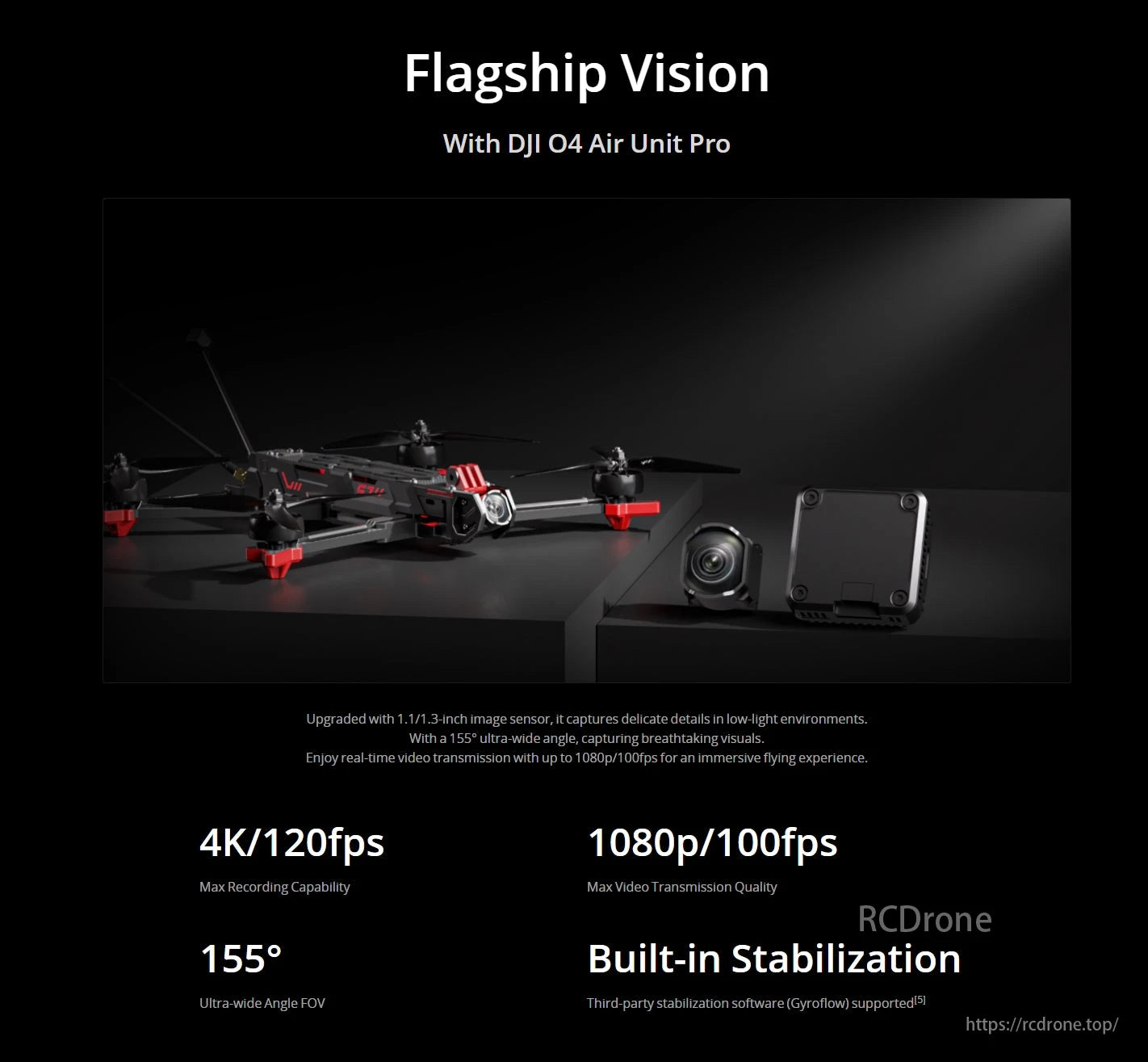 iFlight SH CineLR 7 O4 6S FPV Drone, DJI O4 Air Unit Pro offers 4K/120fps recording, 1080p/100fps transmission, 155° FOV, stabilization, and low-light enhancements for stunning aerial footage.