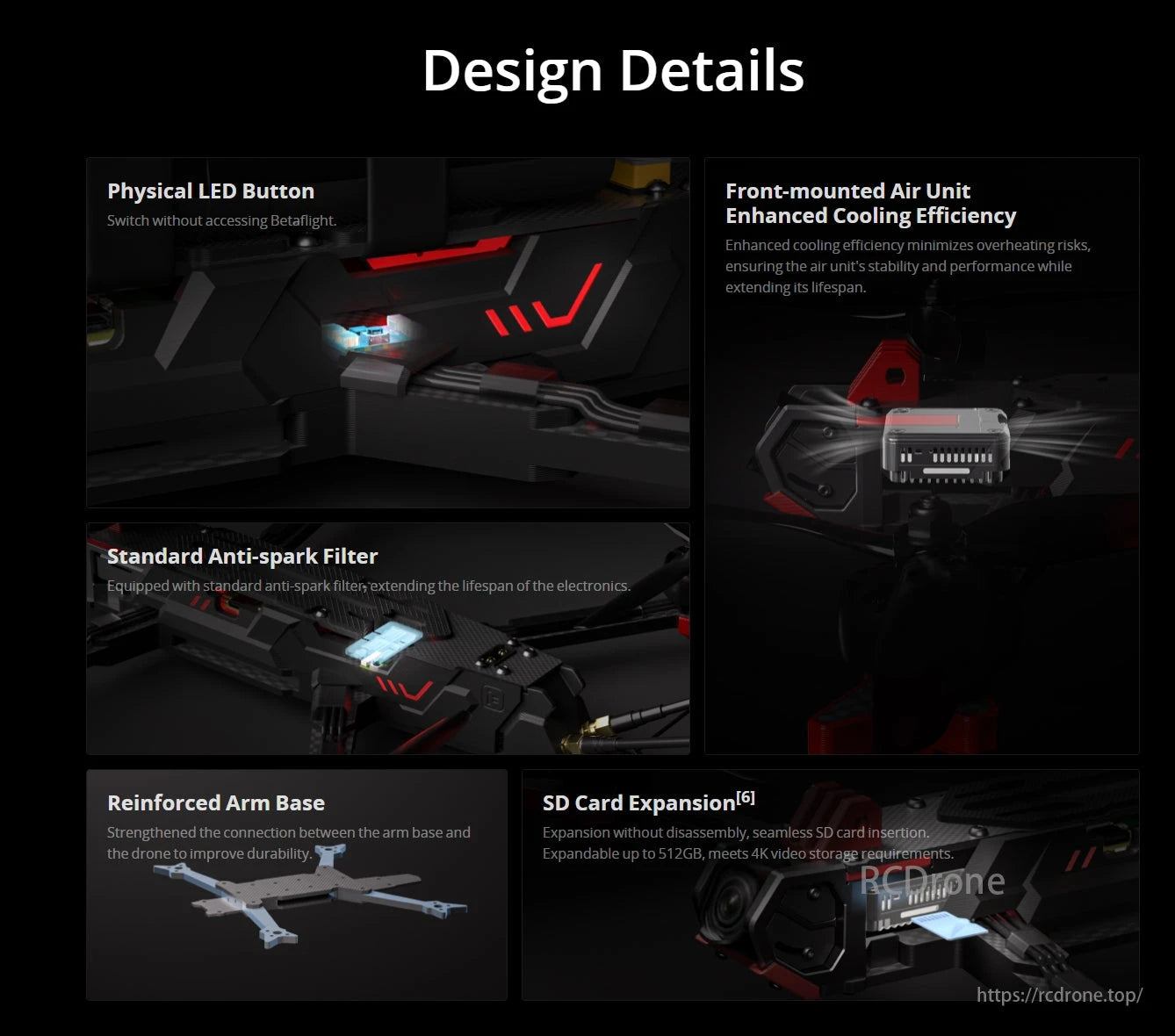 iFlight SH CineLR 7 O4 6S FPV Drone, The design includes a physical LED button, front air unit, anti-spark filter, reinforced arm base, and up to 512GB SD card expansion for 4K video storage.