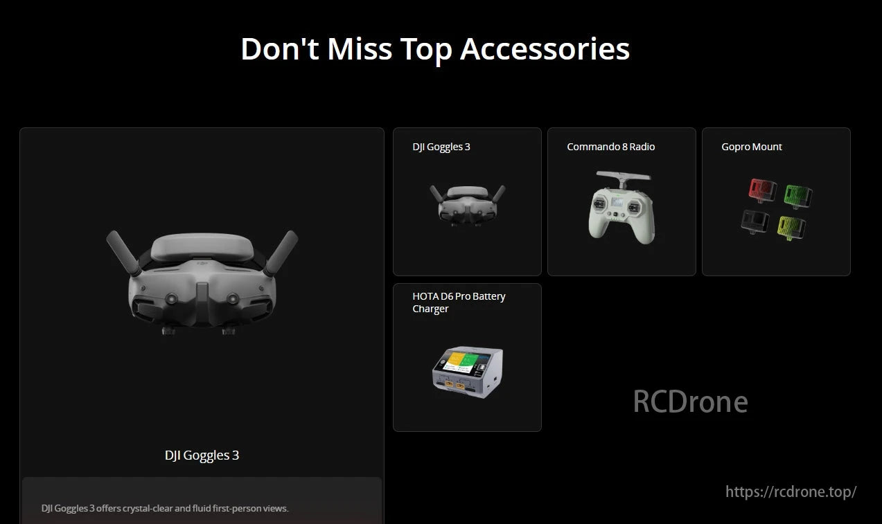 iFlight SH CineLR 7 O4 6S FPV Drone, Top accessories for drones include DJI Goggles 3, Commando 8 Radio, GoPro Mount, and HOTA D6 Pro Battery Charger.
