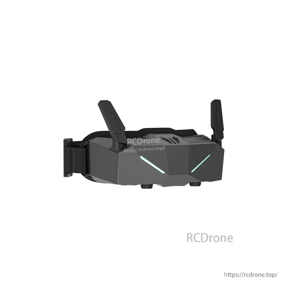 iFlight Skyviz analog FPV goggle front view with dual antennas, gray housing, and adjustable head strap