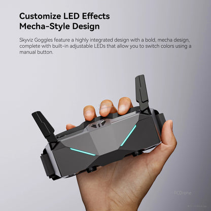 iFlight Skyviz analog FPV goggles with mecha-style housing, dual antennas, and customizable LED light strips