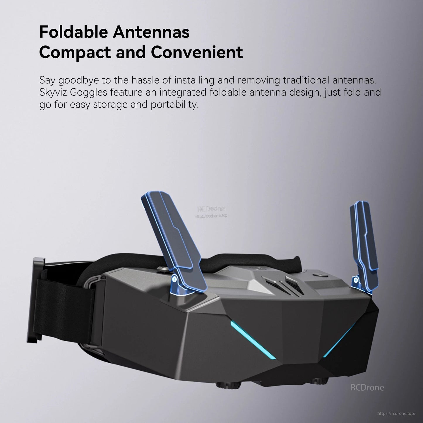 iFlight Skyviz analog FPV goggles with integrated foldable antennas and adjustable head strap, side view
