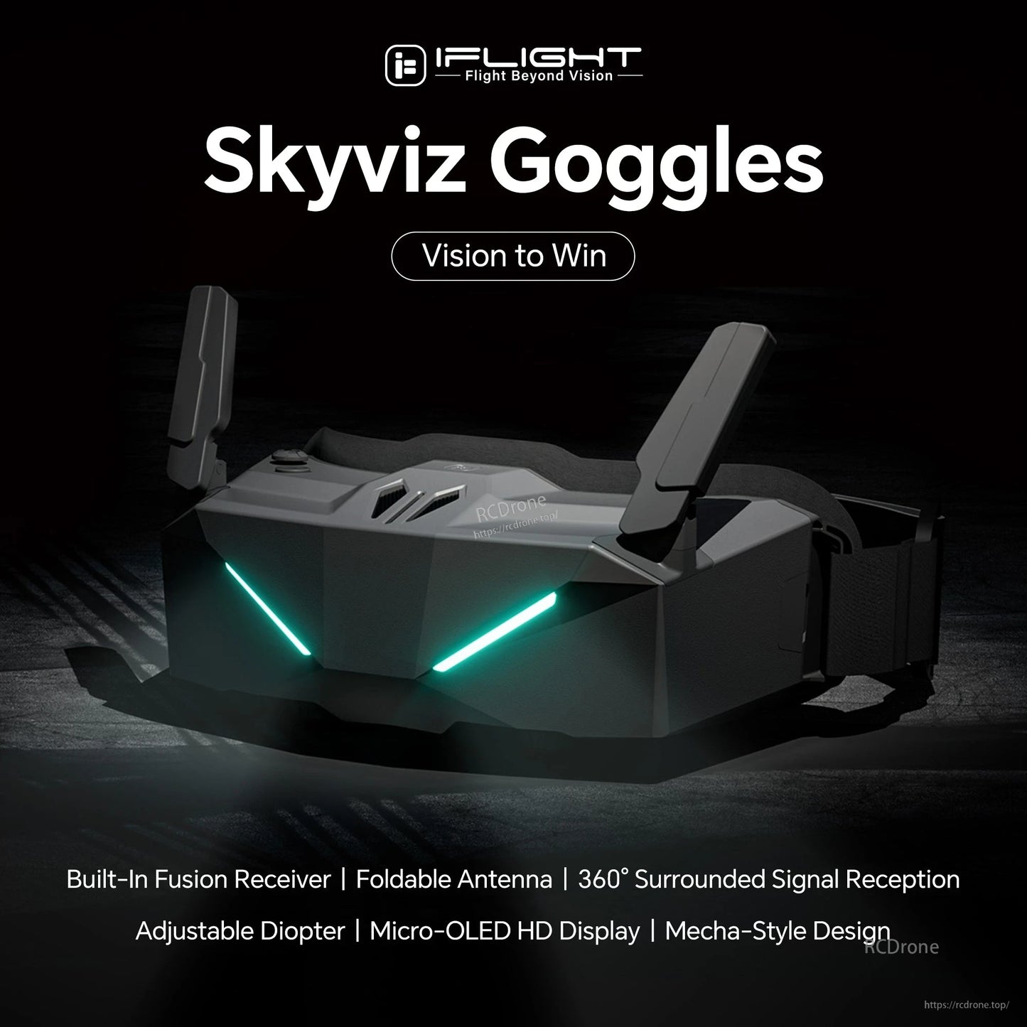 iFlight Skyviz Analog FPV Goggle, iFlight Skyviz FPV goggles with foldable antennas and green accent light bars on a black goggle housing