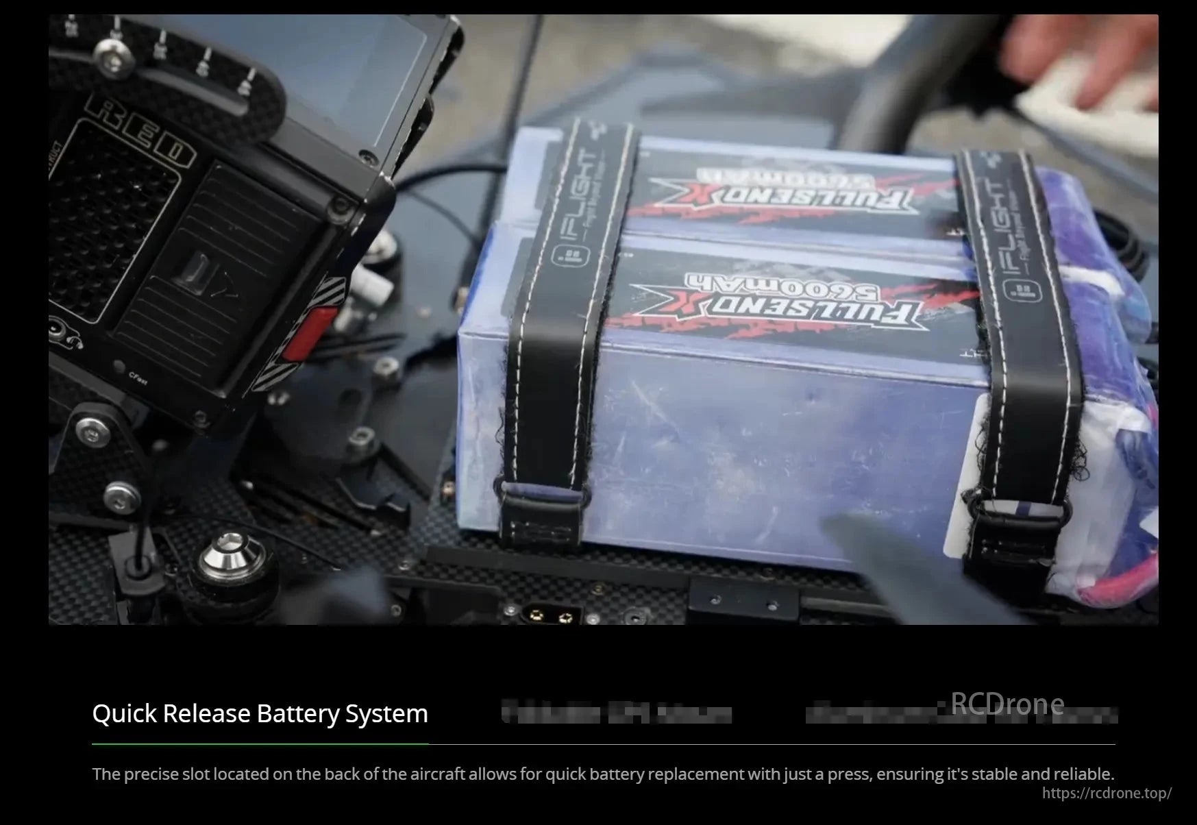 iFlight Taurus X8 Pro, Quick Release Battery System enables fast, stable, and reliable battery replacement with a precise press-fit slot.