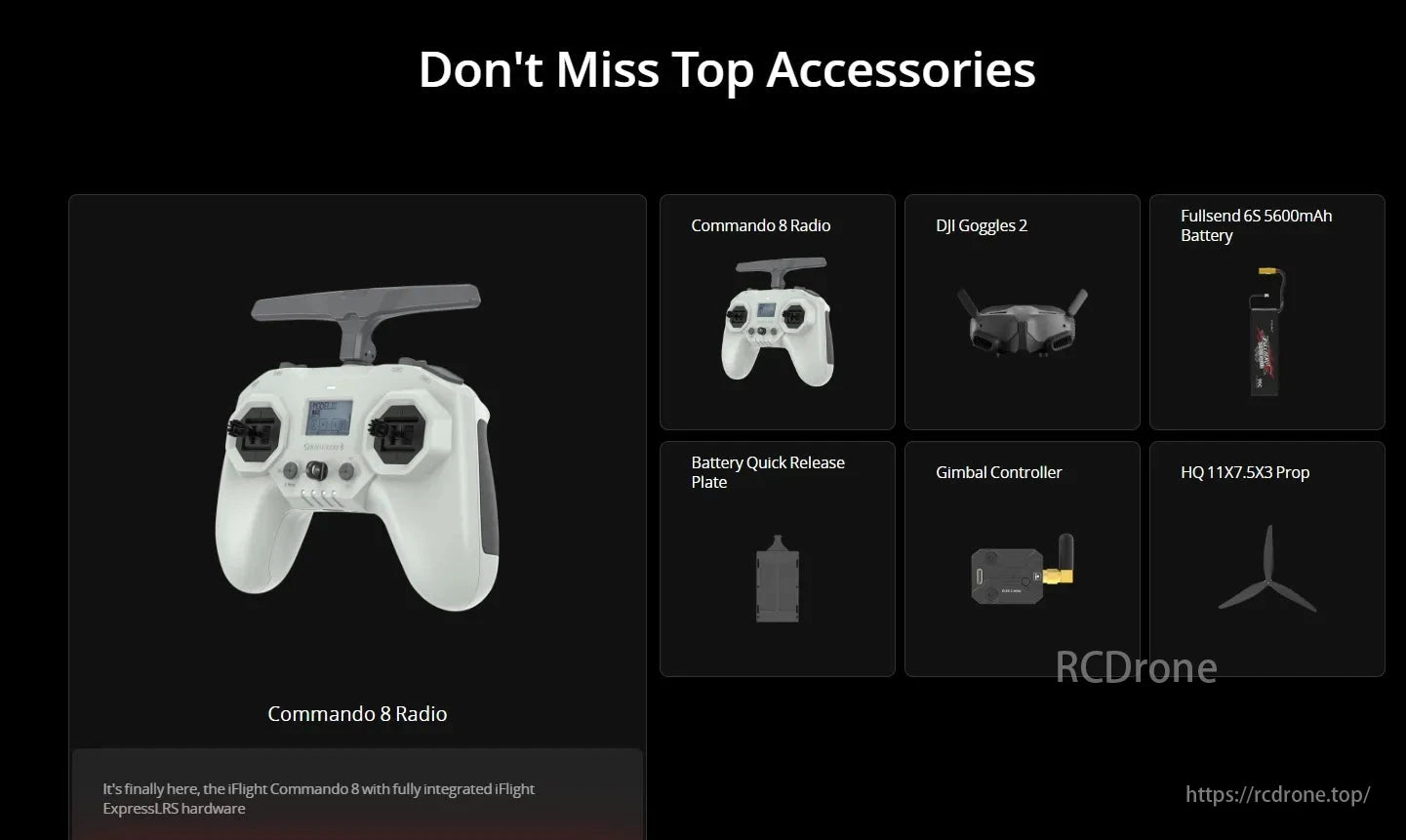 iFlight Taurus X8 Pro, Top accessories for iFlight Commando 8 drone include DJI Goggles 2, Fullsend 6S Battery, Gimbal Controller, HQ Prop, and ExpressLRS hardware integration.