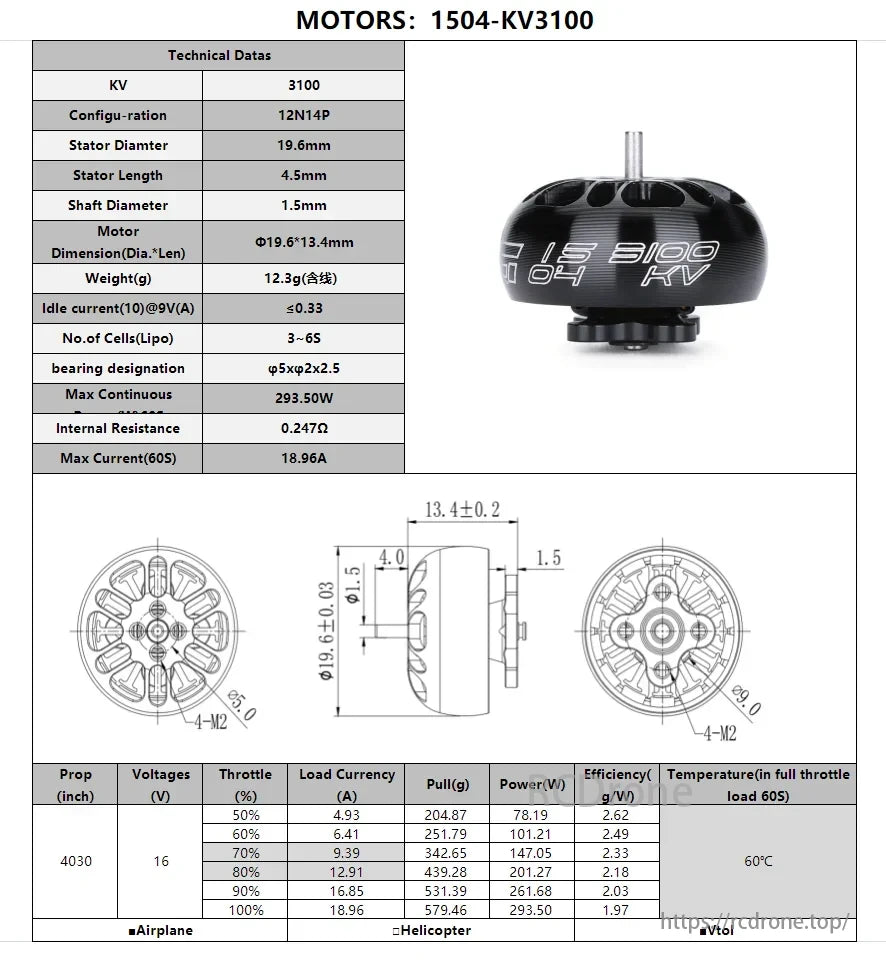iFlight XING 1504 3100KV Brushless Motor, iFlight XING 1504 3100KV motor: 12N14P, 19.6mm diameter, 4.5mm length, 1.5mm shaft. 293.50W power, 18.96A current at 60S full throttle.