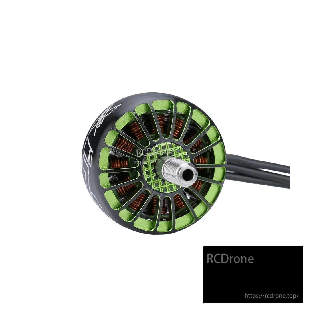iFlight XING 2208 1800KV 3-6S FPV Motor, Bottom view of iFlight XING 2208 FPV brushless motor with green bell, exposed windings, and three motor wires