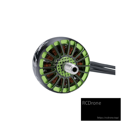iFlight XING 2208 1800KV 3-6S FPV Motor, Bottom view of iFlight XING 2208 FPV brushless motor with green bell, exposed windings, and three motor wires