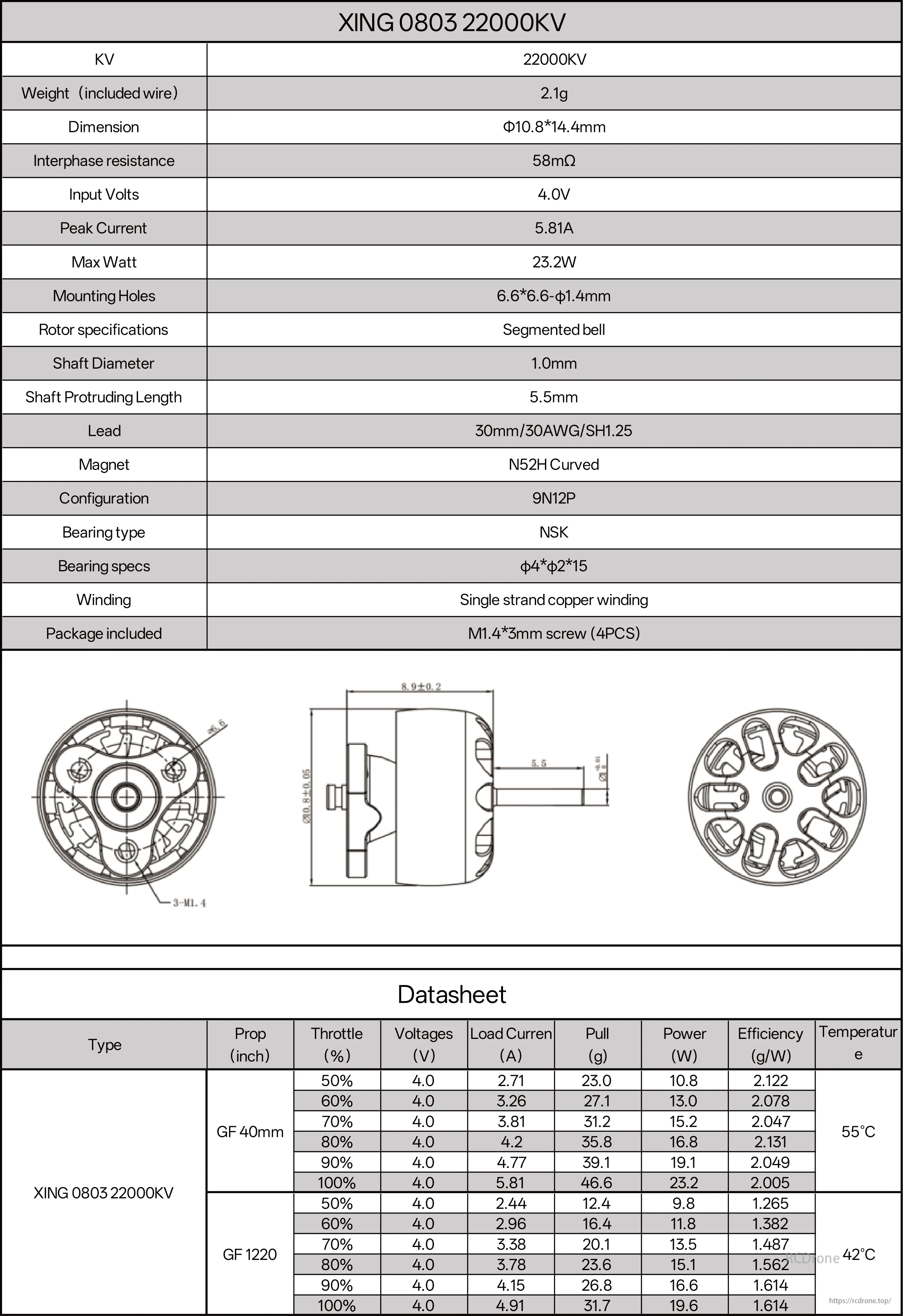 The iFlight XING Nano Motor is a high-performance motor with a KV rating of 22000KV and a weight of 2.1g.