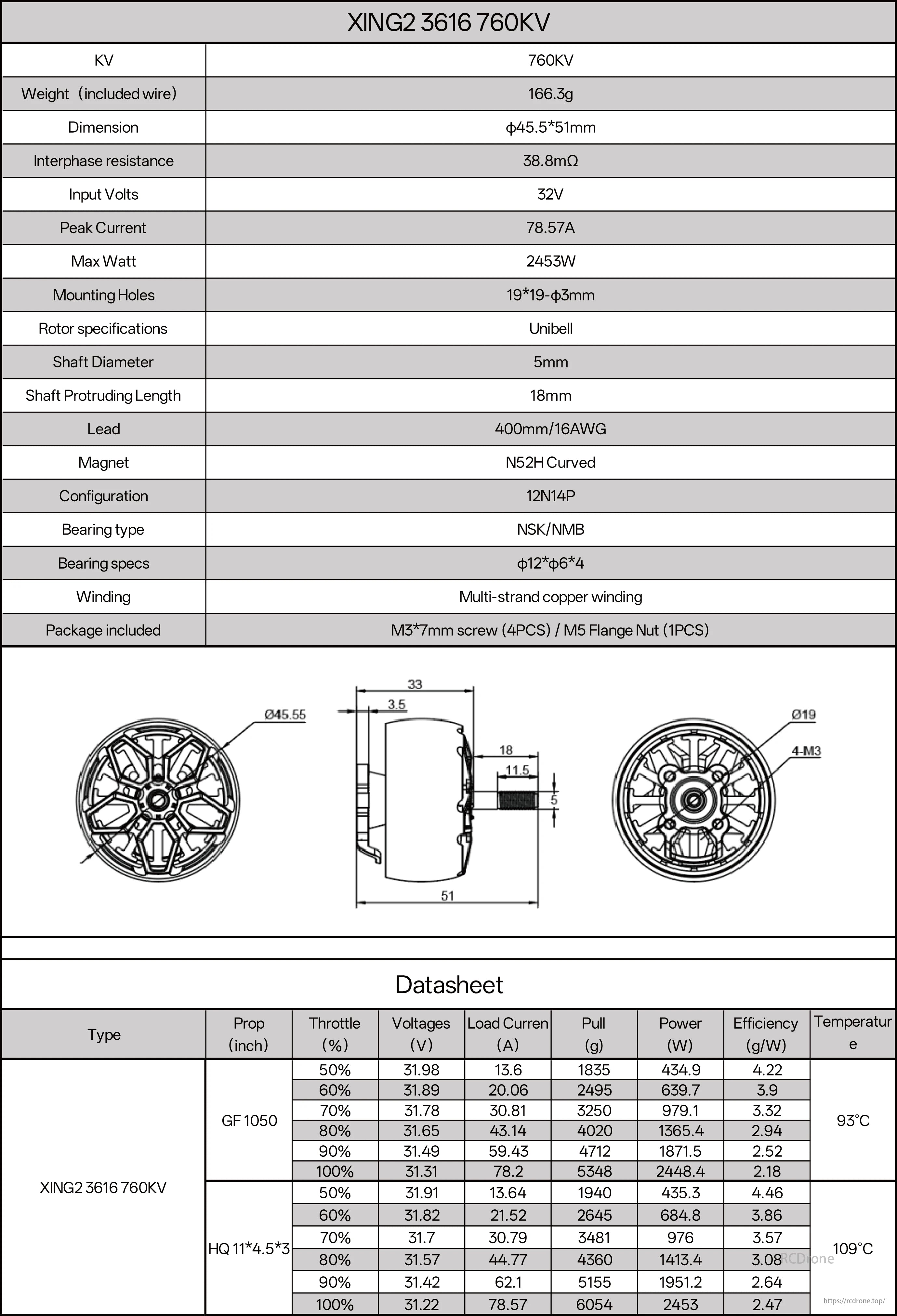 iFlight XING2 3616 760KV 8S Cinelifter Motor, XING2 3616 760KV motor: 166.3g, 45.5x51mm, 38.8mΩ, 32V, 78.57A peak, 2453W max, 5mm shaft, N52H magnets, 12N14P, NSK/NMB bearings, multi-strand copper. Datasheet details performance.