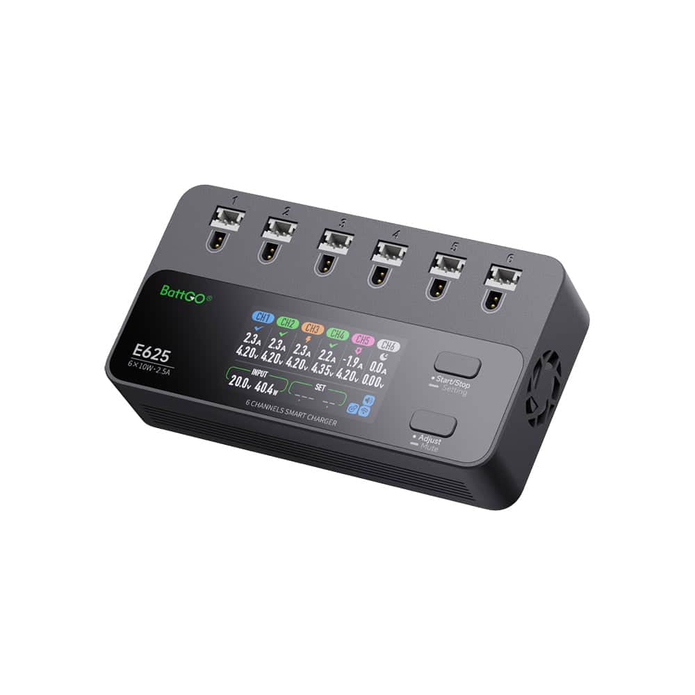 iSDT E625 6-channel 1S LiPo/LiHV battery charger with six top ports, color display, and Start/Stop buttons