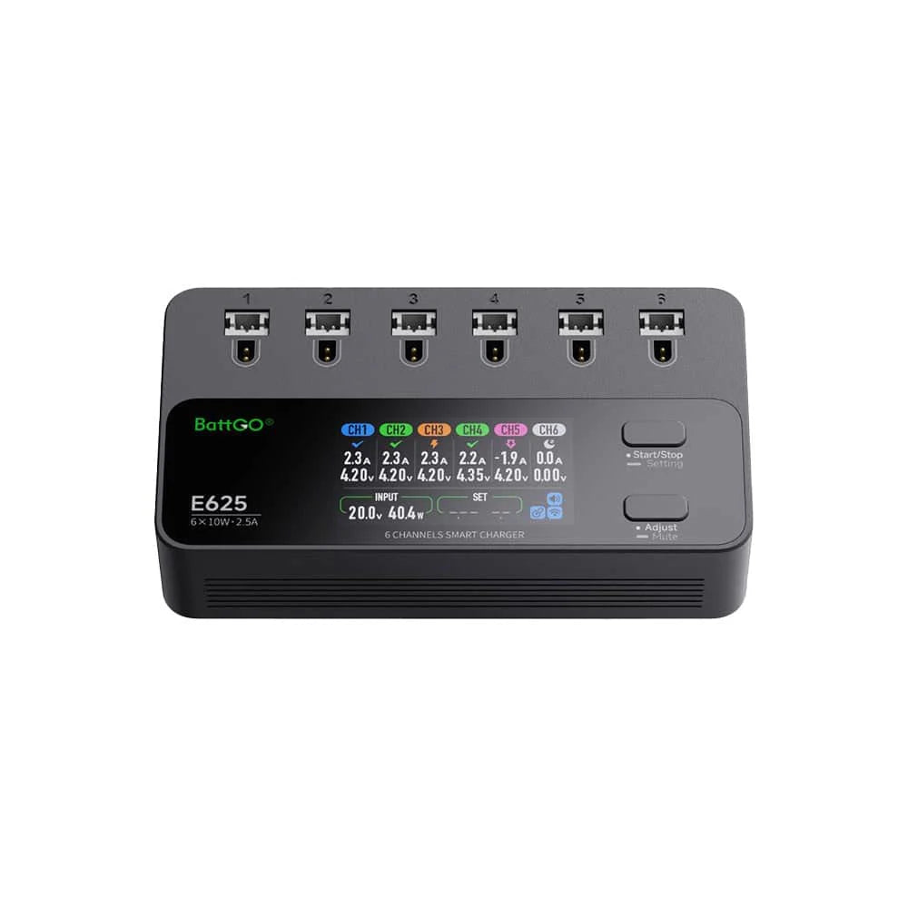 iSDT E625 6-Channel 1S LiPo/LiHV Battery Charger, iSDT E625 BattGO 6-channel 1S LiPo/LiHV battery charger with six top ports, color display, and control buttons