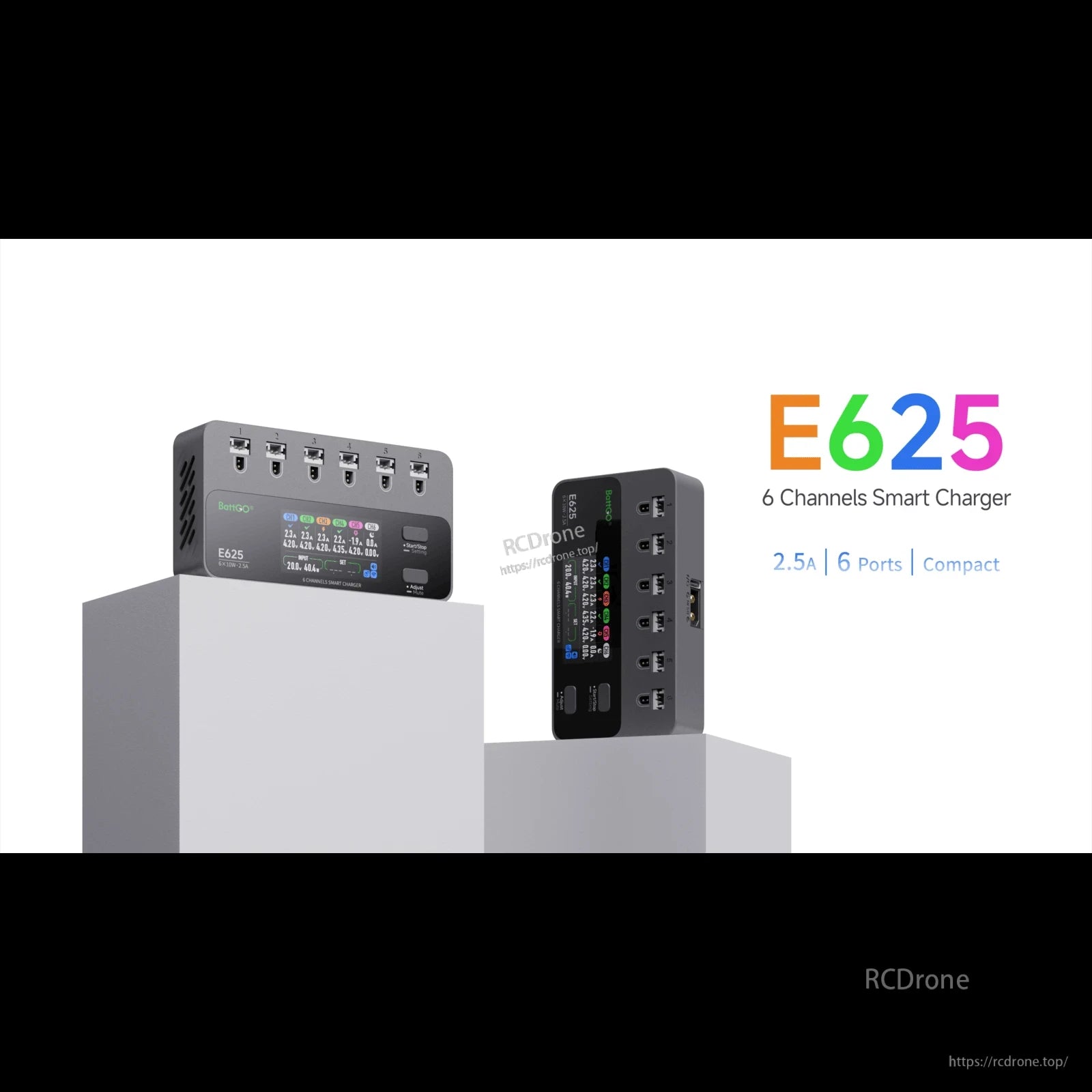 iSDT E625 6-Channel 1S LiPo/LiHV Battery Charger, iSDT E625 6-channel 1S LiPo/LiHV smart charger with six top ports and a front color display