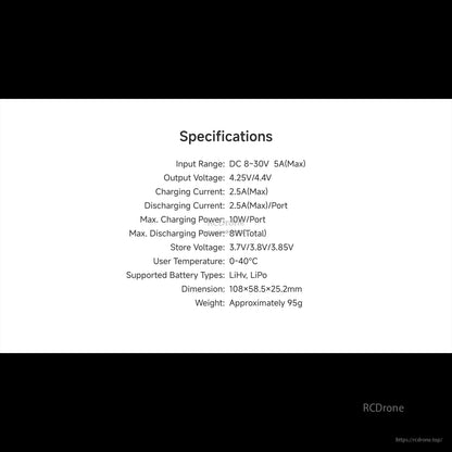 iSDT E625 6-Channel 1S LiPo/LiHV Battery Charger, Specifications list for iSDT E625 6-channel 1S LiPo/LiHV charger with input 8–30V and 4.25V/4.4V output
