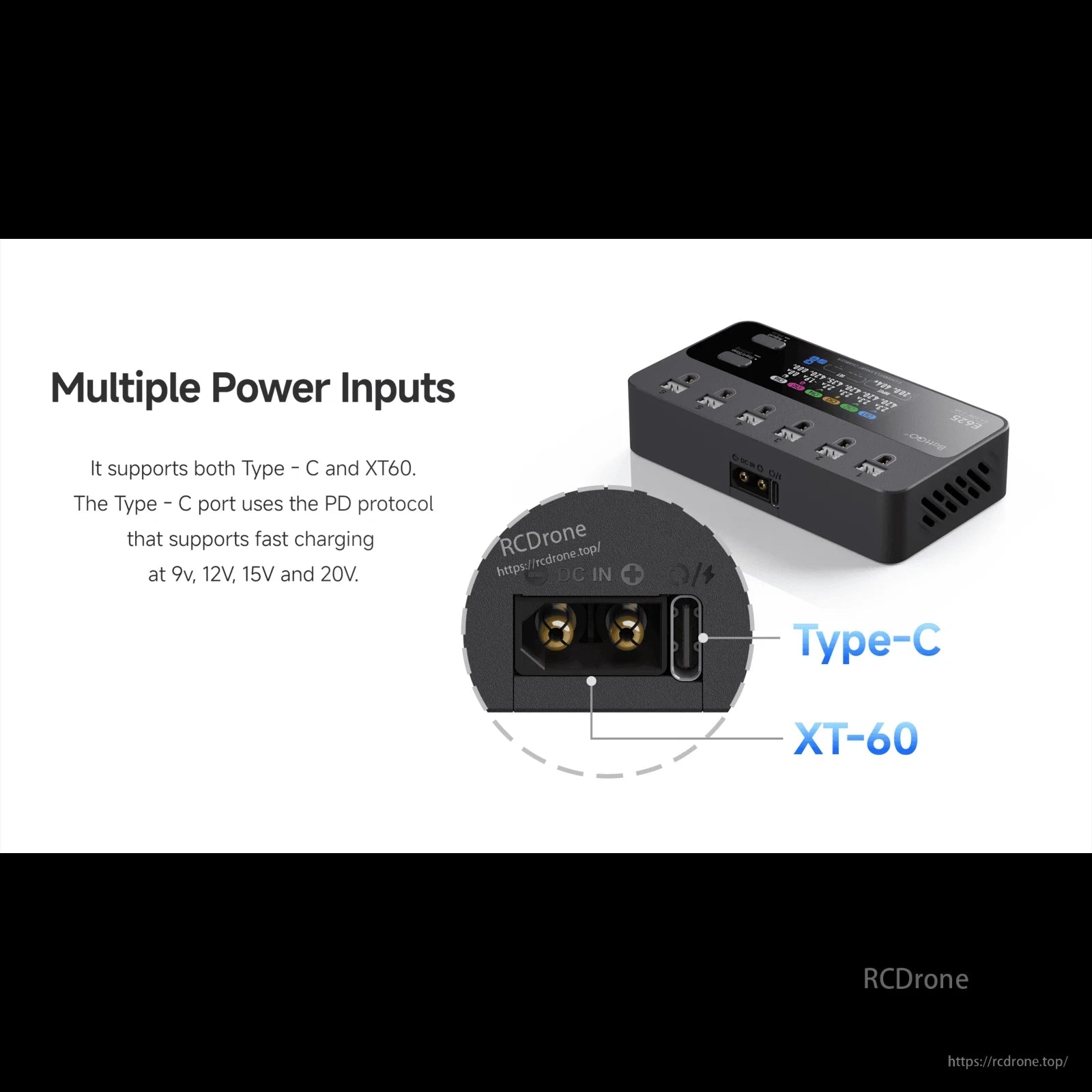 iSDT E625 6-Channel 1S LiPo/LiHV Battery Charger, iSDT E625 6-channel 1S LiPo/LiHV charger with USB-C Type‑C PD input and XT60 DC power port