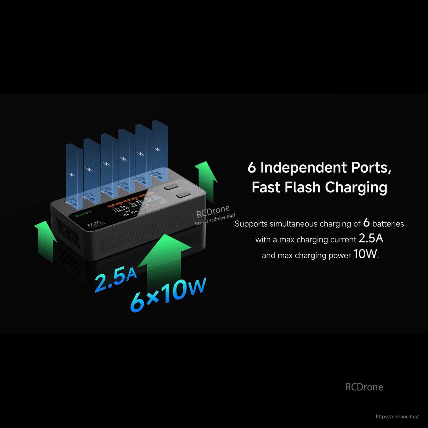 iSDT E625 6-Channel 1S LiPo/LiHV Battery Charger, iSDT E625 6-port 1S LiPo/LiHV battery charger with independent ports, 2.5A max current and 10W per port