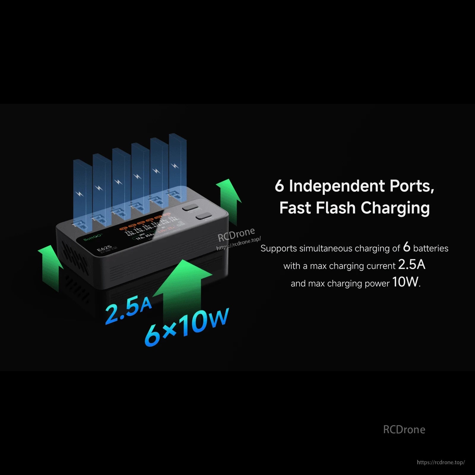 iSDT E625 6-Channel 1S LiPo/LiHV Battery Charger, iSDT E625 6-port 1S LiPo/LiHV battery charger with independent ports, 2.5A max current and 10W per port