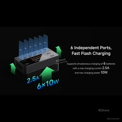 iSDT E625 6-Channel 1S LiPo/LiHV Battery Charger, iSDT E625 6-port 1S LiPo/LiHV battery charger with independent ports, 2.5A max current and 10W per port