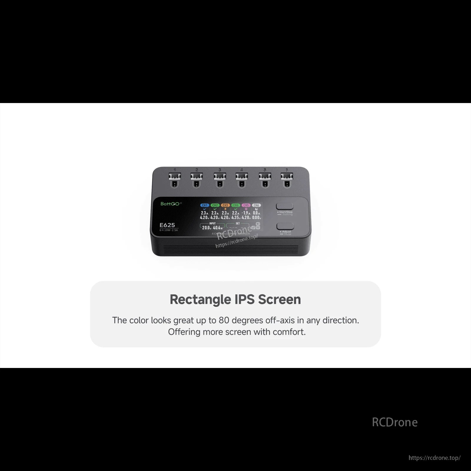iSDT E625 6-channel 1S LiPo/LiHV battery charger with six top ports and rectangular IPS color screen