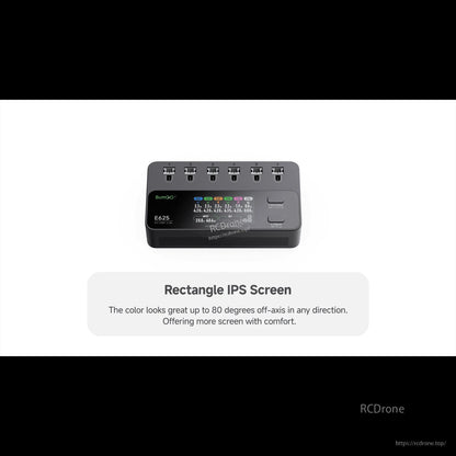 iSDT E625 6-channel 1S LiPo/LiHV battery charger with six top ports and rectangular IPS color screen