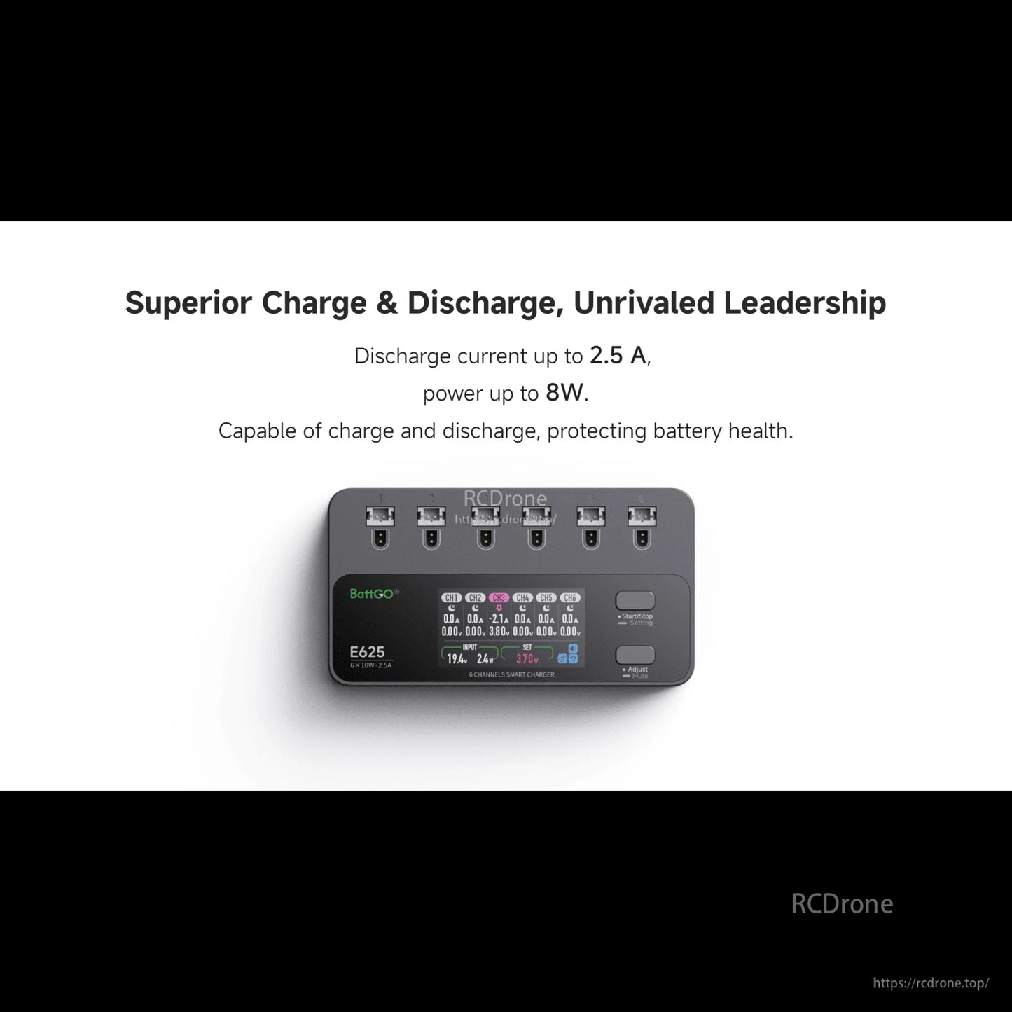 iSDT E625 6-Channel 1S LiPo/LiHV Battery Charger, iSDT E625 6-channel battery charger with six top ports and a built-in display for charge and discharge status