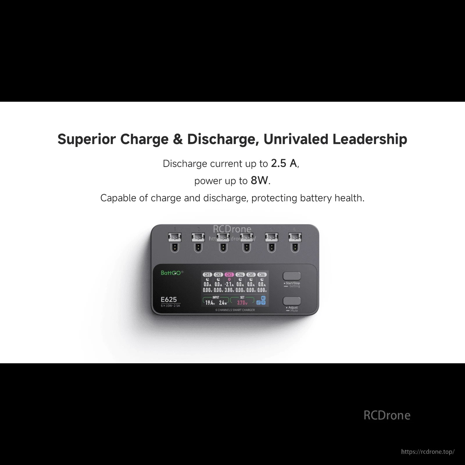 iSDT E625 6-Channel 1S LiPo/LiHV Battery Charger, iSDT E625 6-channel battery charger with six top ports and a built-in display for charge and discharge status
