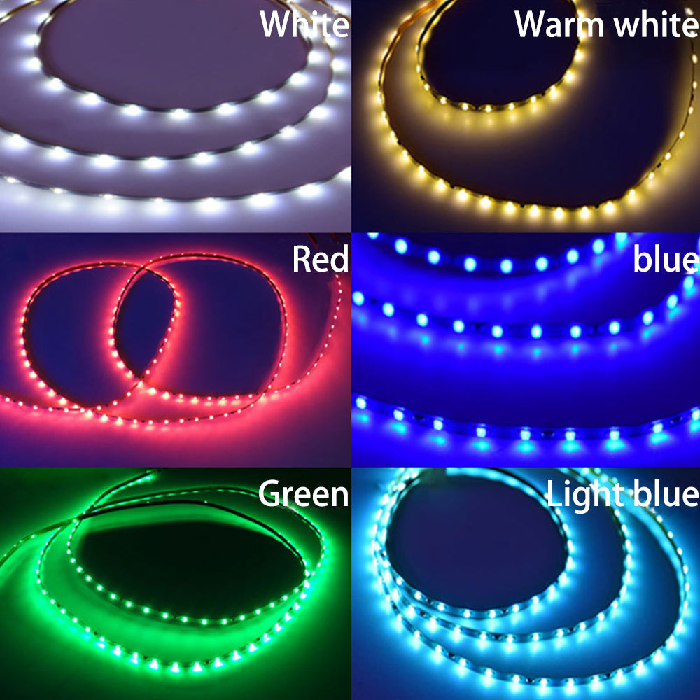 LED strip light color options collage: white, warm white, red, blue, green and light blue