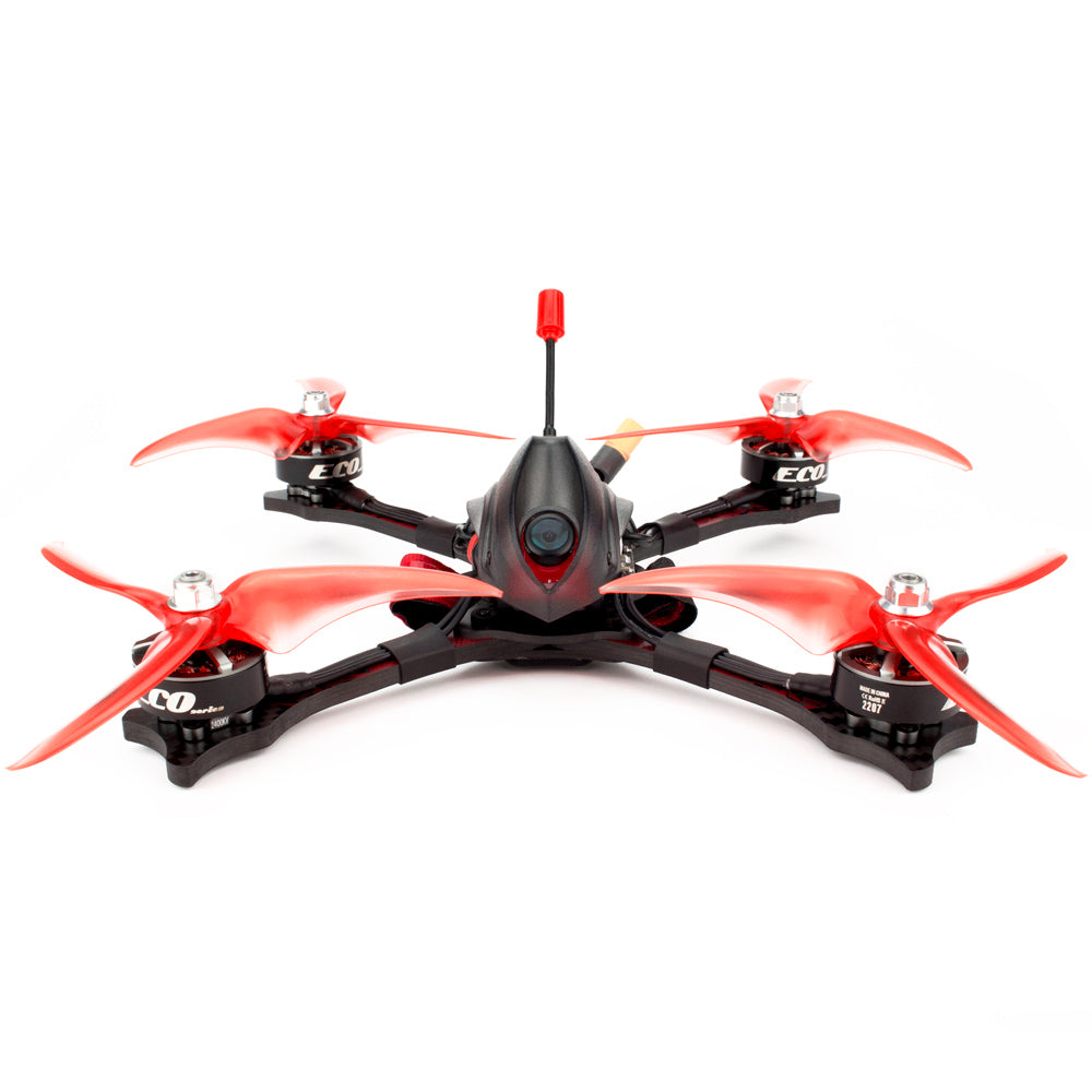 EMAX Hawk Sport 5 Inch FPV racing drone front view with red propellers and FPV camera canopy