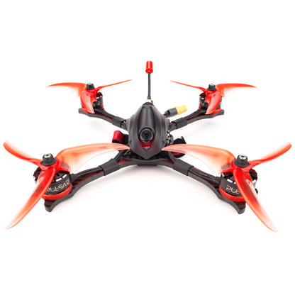 EMAX Hawk Pro 5 Inch FPV racing drone front view with FPV camera, orange props, and antenna
