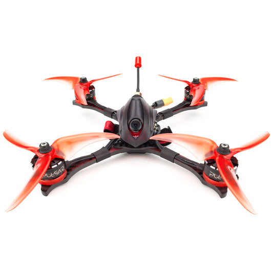 EMAX Hawk Pro 5 Inch FPV racing drone front view with FPV camera, orange props, and antenna
