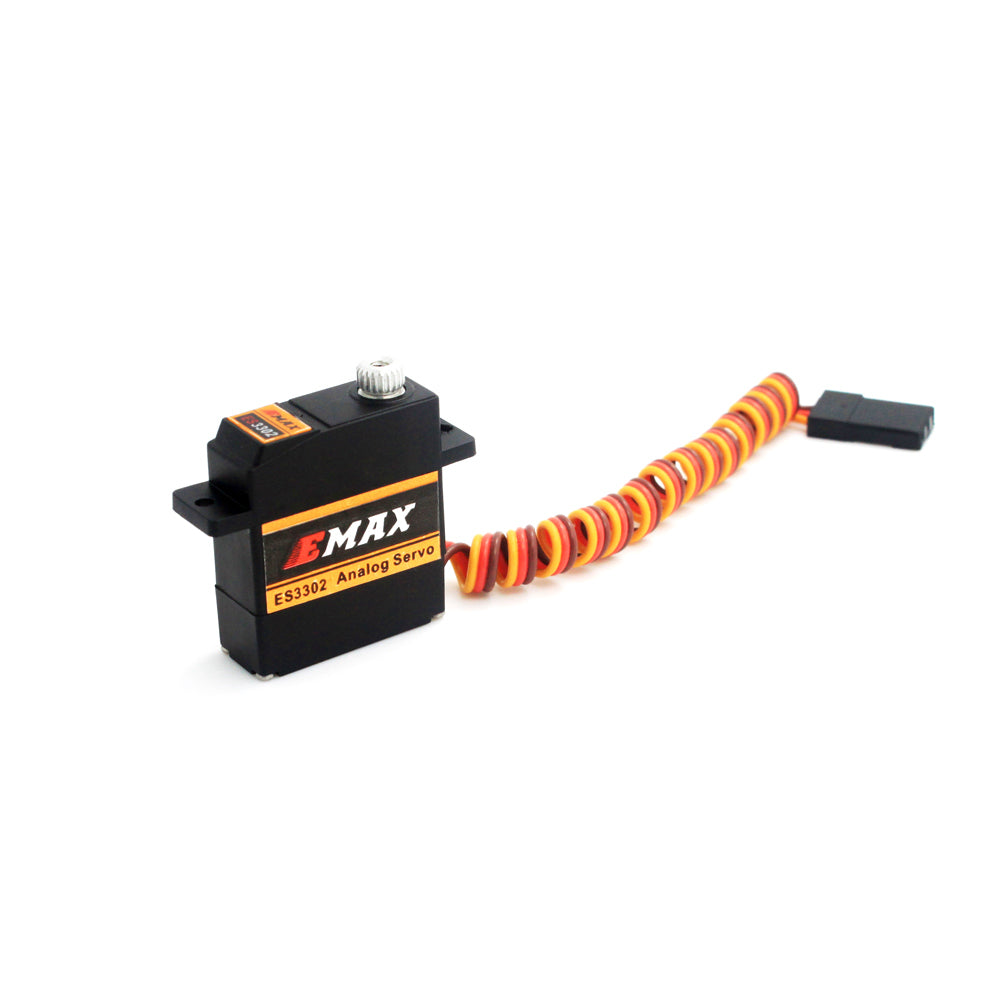 EMAX ES3302 mini metal gear analog servo with 3-wire lead and connector, angled view