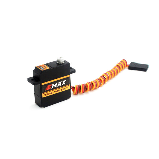 EMAX ES3302 mini metal gear analog servo with 3-wire lead and connector, angled view
