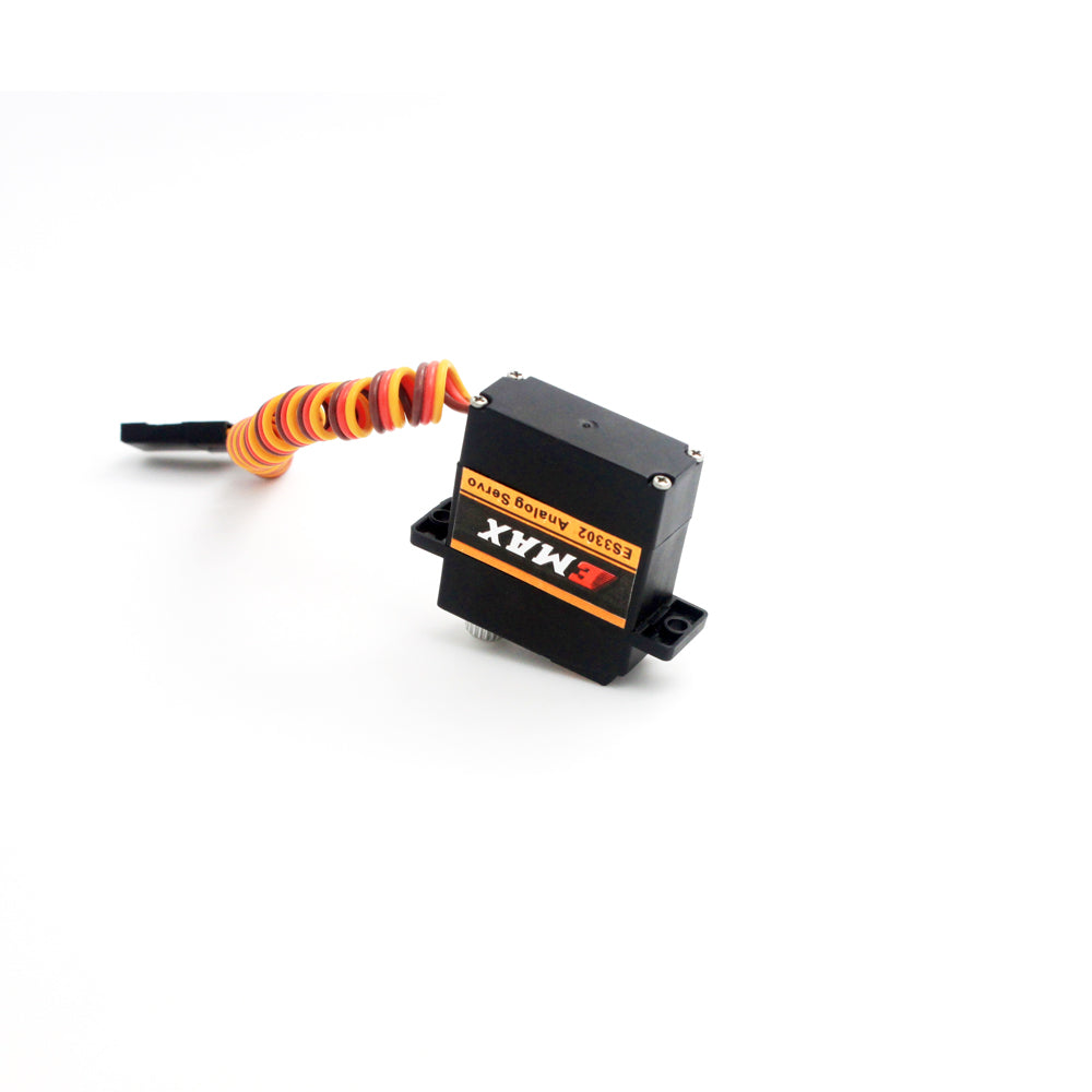 Rear/top view of ES3302 analog servo showing mounting tabs, case screws, and coiled 3-wire cable